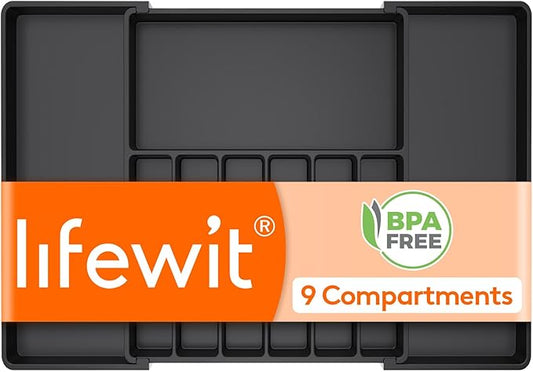 Lifewit Silverware Drawer Organizer, Expandable Utensil Tray for Kitchen, BPA Free Flatware and Cutlery Holder, Adjustable Plastic Storage for Spoons Forks Knives, 18- 33 x 18.5", Black