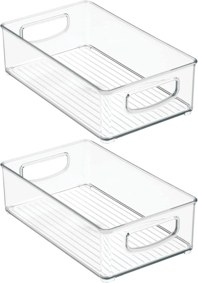 mDesign Small Plastic Kitchen Storage Container Bin with Handles - Organization in Pantry, Refrigerator or Freezer - Food Organizer for Fruit, Yogurt, Squeeze Pouches, 2 Pack, Clear