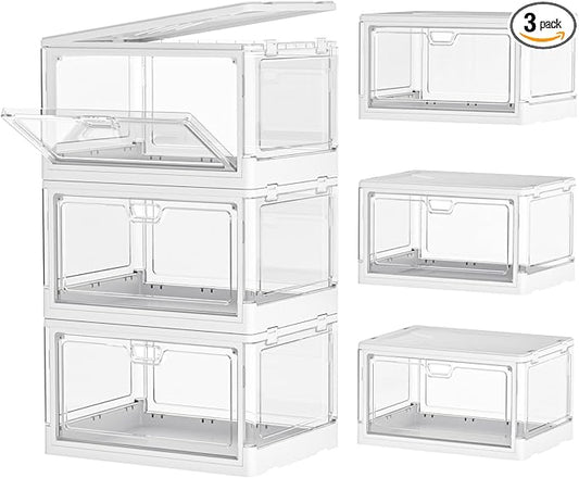 Kmiectse Clear Storage Bins with Lids 3 Pack 【Stackable & Sturdy】 | Plastic Multifunctional Folding Storage Bins for Bedroom, Living Room, Study,Room, 23 QT Folding Box with Magnetic Door