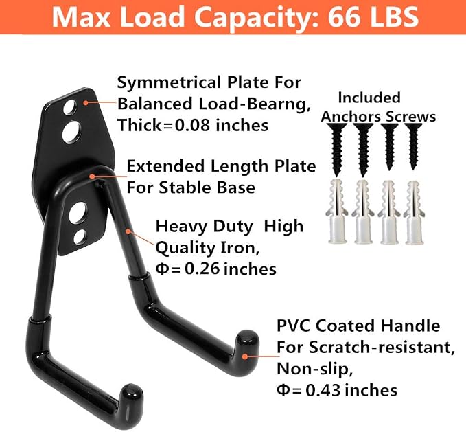 Garage Utility Double Hooks,Heavy Duty Steel Wall Mount Storage Organizer with Anti-Slip Coating,Load Capacity 66 LB (4 Pack Black 3" U Hook)