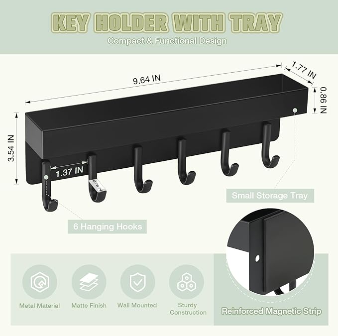 VIS'V Key Holder Wall Mount, Magnetic Key Rack with Tray, 6 Hooks, Black | 2 Mount Options, Metal Material, Compact Discreet Design, for Fridge, Kitchen, Entryway, Hallway, Doorway, Garage, Camper