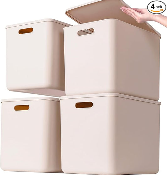 Plastic Storage Bins with lids,Storage Baskets,Container with handle,Storage Organizer Bins for Shelves,Office,Bedrooms,Closets, Cabinets(Grey，4XL)
