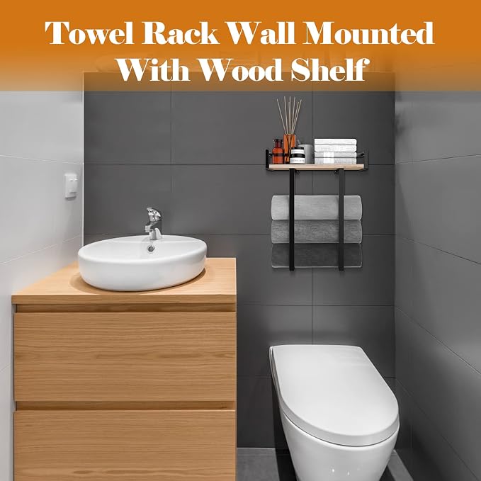 Xstydes Towel Racks for Bathroom Wall Mounted, Metal Towel Holder with Wooden Shelf for Folding Large Towels, Towel Storage for Small Bathroom Organizer Decor or RV Camping