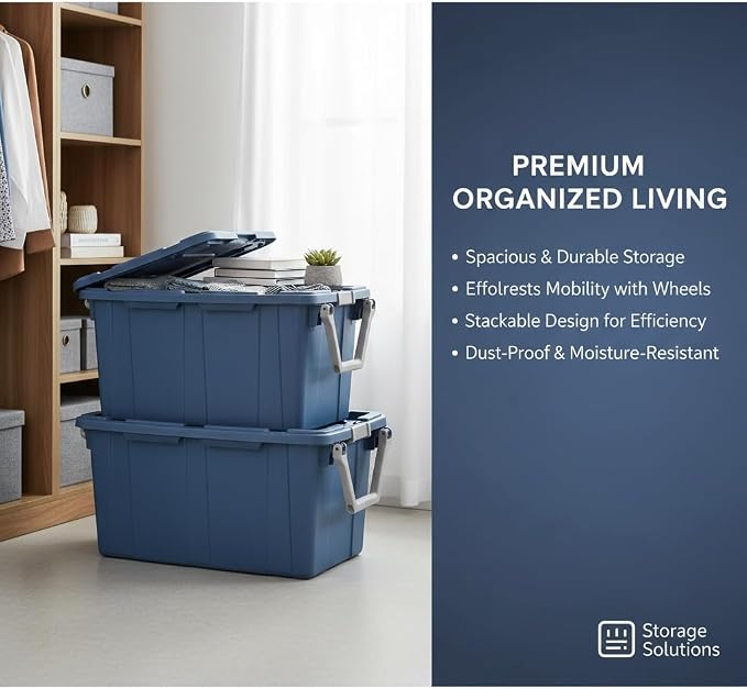 40 Gallon Heavy-Duty Rolling Storage Bins 2-Pack, Blue Industrial Plastic with Pivot Handle, Leakproof Lid & Latches, for Garage Workshop Equipment Transport & Storage
