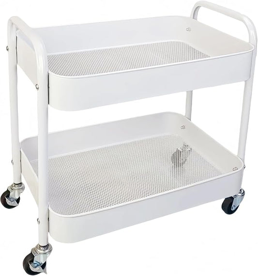 2 Tier Short Rolling Cart with Wheels for Under Desk Storage & Pantry Storage, Large Capacity Metal Kitchen Utility Cart for Small Space, Laundry Room Organizer Side Table with 4 Hooks, White