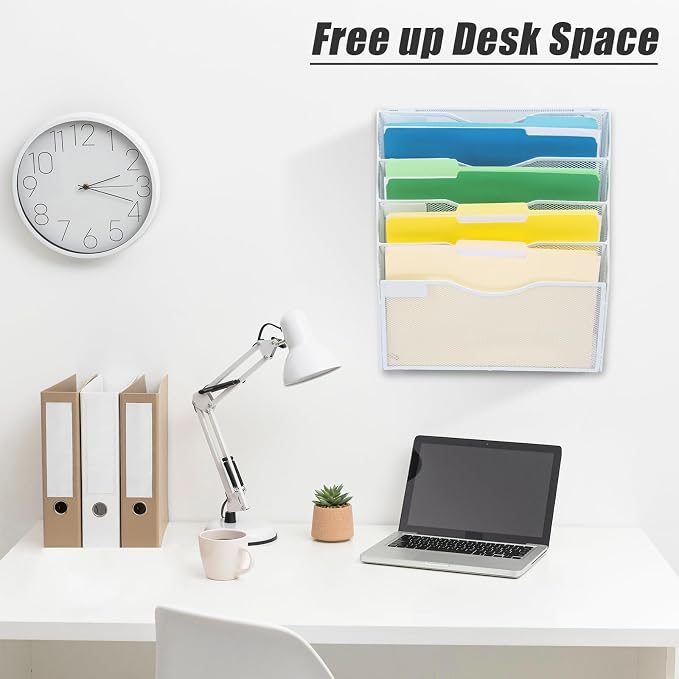 EASEPRES 5 Pocket Mesh Hanging Wall File Organizer, Wall Mounted Mail Paper Document Folder Holder, Clipboard Storage Organization Magazine Rack with Nametag Label for Office Home School, White