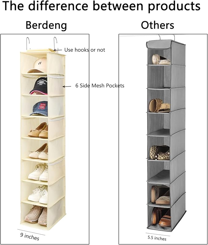 Berdeng Hanging Shoe Organizer for Closet with Side Mesh Pockets，Hat Racks for Baseball Caps，Shoe and Hat Holder & Storage，8-Shelf，Beige，2 Pack