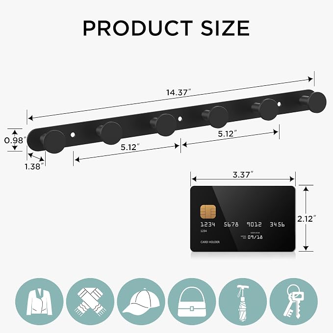 FORIOUS Hat Coat Rack Wall Mounted, 6 Wall Hooks SUS304 for Hanging Black | 304 Stainless Steel Hook Rack for Bags Keys Hats, Coat Racks for Bathroom Bedroom Entryway Kitchen Hotel, Space Saving