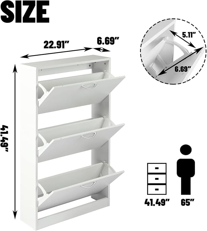 HOPUBUY Shoe Cabinet for Entryway, Narrow Shoe Storage with 3 Flip Drawers | Wood Slim Shoe Rack, 3 Tier Thin Shoe Organizer for Home and Apartment,White
