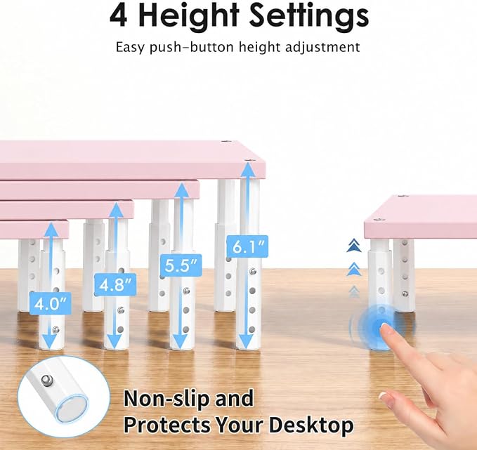 Adjustable Computer Monitor Stand Riser for Desk, Desk Organizer & Office Decor for Women, Laptop Stand, Office Desk Accessories & Workspace Organizers for Home Office, Pink Wood