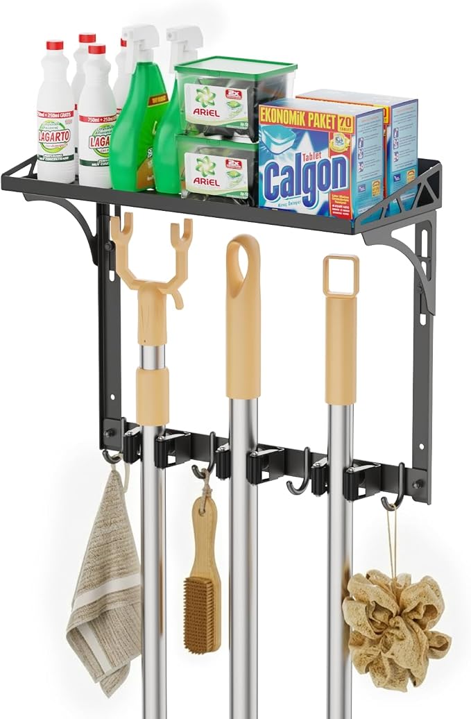 Broom Holder Wall Mount with Cleaning Supplies Organizer | Laundry Room Shelves, Mop Hanger Rack Gripper Hooks, Vacuum Organizer, Wall Hanging for Home Garage Kitchen
