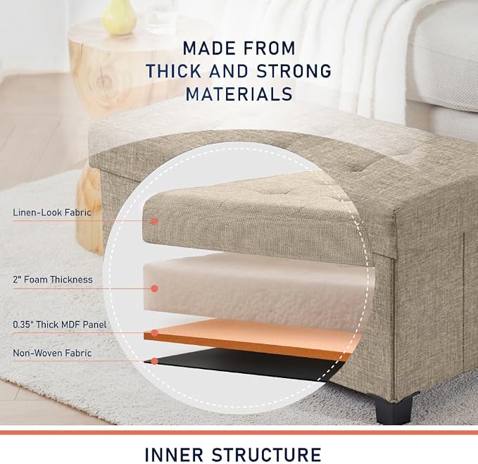 Ornavo Home 30" Large Storage Ottoman Bench with Legs, Taupe | Foot Rest Stool; Ottoman with Hidden Storage; Ideal for Bedroom, Living Room, Entryway or Home Office