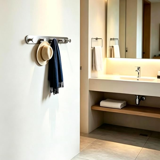 Coat Hooks - Coat Rack Wall Mount - Brushed Nicke (1 Pack) ﻿ | Stainless Steel Coat Rack Whit 5 Hooks, 14 Inches Hat Rack, Key Holder for Wall, Towel Hook, Towel Racks for Bathroom