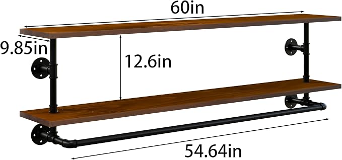 Clothes Rack 60in, Wall Mounted Garment Rack with Real Walnut Wood Shelf, Heavy Duty Hanging Clothes Rack, Multi-Purpose Hanging Rod, Space-Saving Closet Storage (Walnut, 2T60IN)