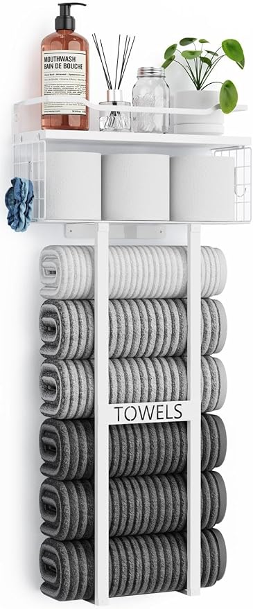Aetyord Towel Racks for Bathroom 31inch Wall Mounted Towel Rack,Floating Shelf with Wood Plank,Towel Storage for Bathroom Can Holds 6 Large Rolled Towels,All White