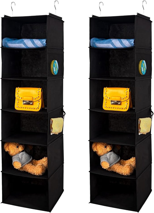 BrilliantJo 6 Shelves Hanging Closet Organizer, 2 Pack Hanging Storage with 4 Side Pockets for Clothes Shoes, 43.5"x12"x12"(Black)