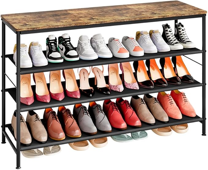 INGIORDAR 4 Tier Long Shoe Rack Storage Organizer Shelf for Closet Entryway | Spacious design,Large-Capacity stores 24 Pairs of Shoes for Closet,Entryway,Bedroom,Living Room,Garage,Black+Rustic Brown