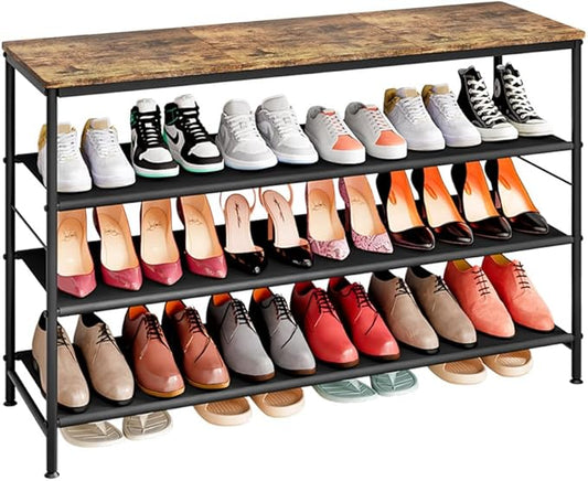 INGIORDAR 4 Tier Long Shoe Rack Storage Organizer Shelf for Closet Entryway | Spacious design,Large-Capacity stores 24 Pairs of Shoes for Closet,Entryway,Bedroom,Living Room,Garage,Black+Rustic Brown