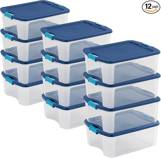 Sterilite Latch and Carry, Plastic Storage Bins w/Lids, 12 Gallon, 12-Pack | Stackable Tote Containers with Handles and Latching Lids for Bed, Garage, Office, Kitchen, Closet & Classroom