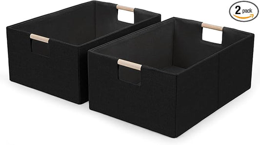 Foldable Fabric Storage Cubes, 2 Packs Cloth Storage Baskets with Wooden Handles, Collapsible Shelf Closet Organizer Bins, Rectangular Storage Boxes for Decor (Black 2 Pack)