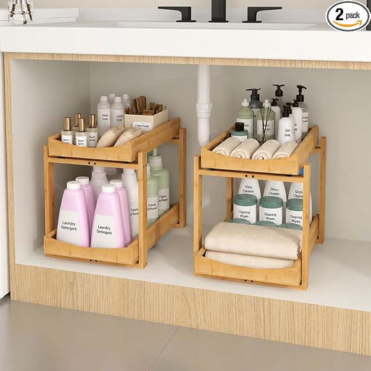 MHXW SXPN Bamboo Under Sink Organizer, 2 Pack Pull Out Cabinet Organizer | 2 Tier Vertical Smooth Slide Out Undersink Storage Shelf | Multi-Purpose Organizer Shelves for Kitchen Bathroom Medicine