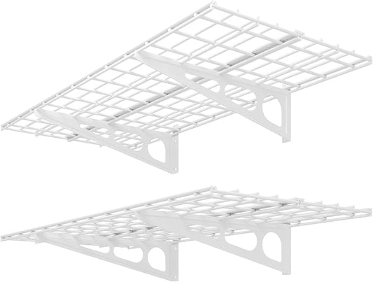 FLEXIMOUNTS 2 Pack 2x4ft Garage Shelving Wall Mounted Storage Rack, White | 24-inch-by-48-inch Wall Shelf for Garage Workshop, Rustproof Seamless Grid Design, Classic Series