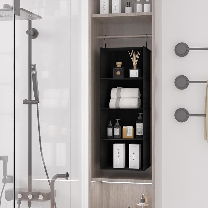 Hanging Closet Organizer 4-Shelf, Oxford Fabric Wardrobe Storage, Black | Easy-mount foldable design holds clothes, handbags, shoes & accessories; washable Oxford fabric, sturdy and space-saving.