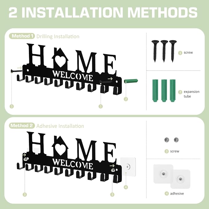 Key Holder Wall Mount, Adhesive Key Hanger with 10 Hooks, Black | Metal Material, 2 Mount Options, Compact Design, Cute Wall Decoration, Suit for Entryway, Doorway, Hallway, RV, Garage
