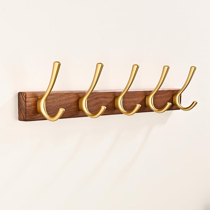 17.3" Small Walnut Wood Coat Rack Wall Mount with 5 Hooks, Heavy Duty Wooden Jacket Hanger Door Mounted for Decorative Entryway Bathroom Hanging Towel Backpack Purse Clothes Hat Key Gold