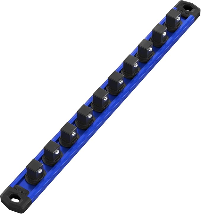 WORKPRO Magnetic Socket Organizer, Heavy Duty 1/2-Inch Drive Socket Rail | 1 Piece Socket Holder with 10 Spots, Aluminum Alloy, Rotatable & Movable Clips, Efficient Organization
