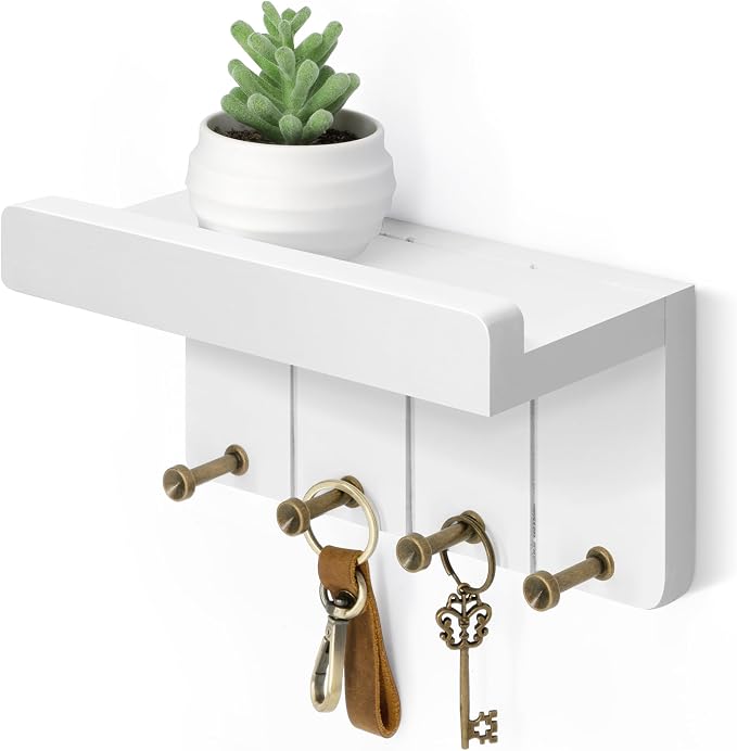 Rebee Vision Small Key Holder Wall Mount with 4 Hooks for Apartment, White | Key Holder for Wall, Mini Floating Shelf, Plant Display, Apartment Essentials, Farmhouse Living Room Decor, Home Storage
