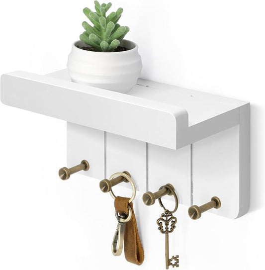 Rebee Vision Small Key Holder Wall Mount with 4 Hooks for Apartment, White | Key Holder for Wall, Mini Floating Shelf, Plant Display, Apartment Essentials, Farmhouse Living Room Decor, Home Storage
