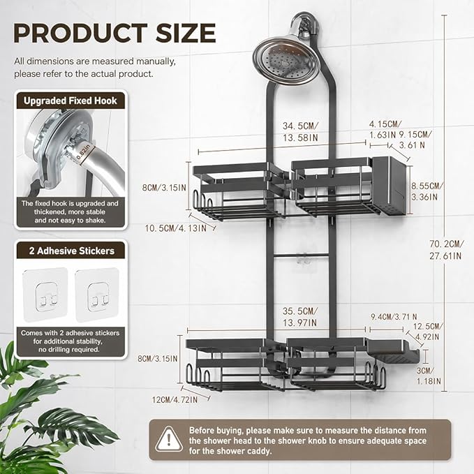 Shower Caddy Hanging for Handheld Showerheads, Adjustable Shower Organizer | Rustproof Bathroom Shelf Fits Handheld & Fixed Shower Heads, 12 Hooks, Soap & Toothbrush Holder, No-Drill Installation, Black