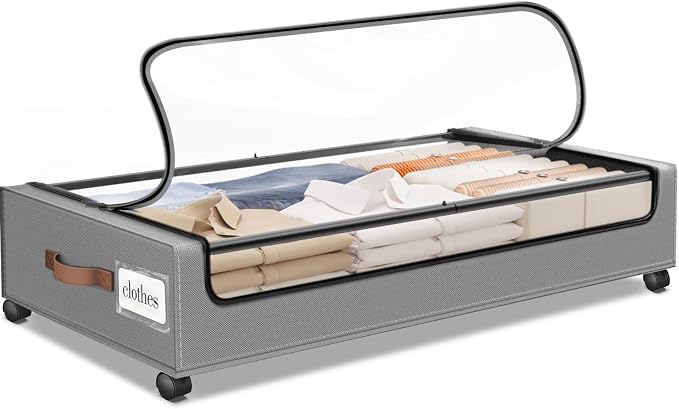 SpaceHacks Under Bed Storage with Wheels 1Pack Underbed Storage with Clear Window&Label Under Bed Drawers Large Capacity Rolling Under Bed Storage for Clothes,Shoes, Blankets (Light Grey)