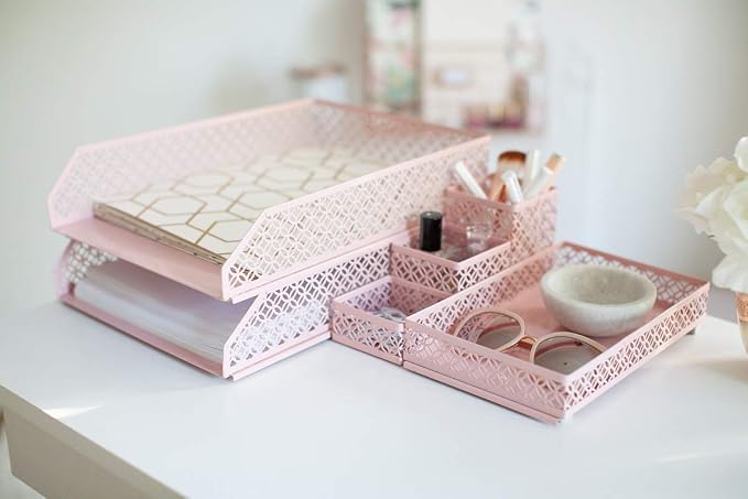 BLU MONACO | Pink Desk Organizer Set for Women 6 Piece | Mail Sorter Organizer Countertop with Letter Trays | Standing File Organizer with Mesh Pen Holders