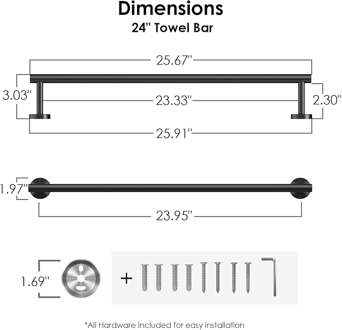 FORIOUS Towel Bar 24" Towel Racks for Bathroom Wall 2 Pack Matte Black | Total Length 26 Inch, Rustproof, Stainless Steel Towel Holder, Wall Mounted for Bathroom Bedroom, Heavy Duty, Space Saving