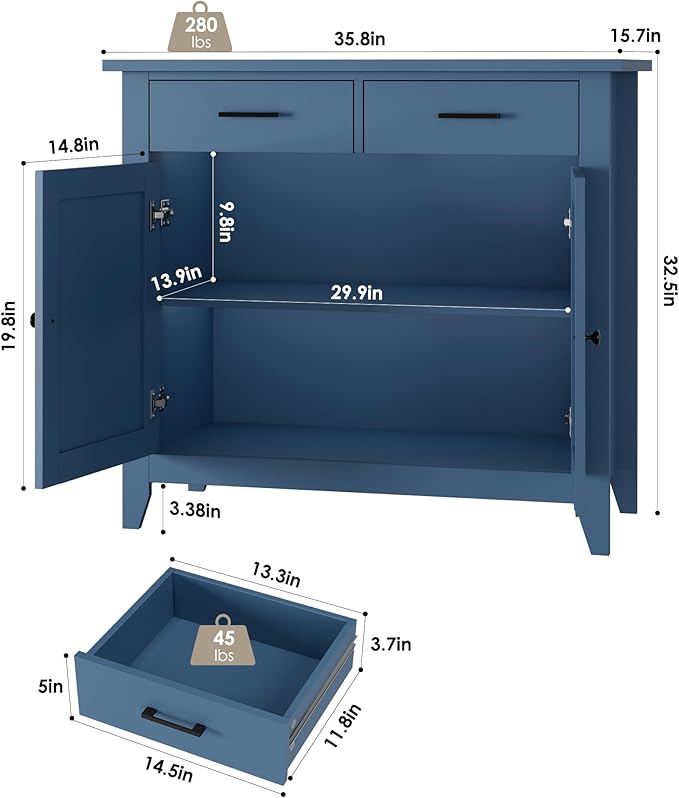 HORSTORS Farmhouse Kitchen Storage Cabinet, Small Buffet, Coffee Bar, Blue | Buffet Sideboard with 2 Drawers & 2 Doors, 35.8"W Coffee Table, Sapce-saving Kitchen Cabinet for Dining Living Room, Entryway