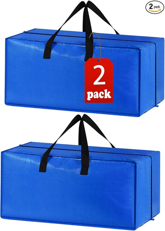 Heavy Duty Extra Large Blue Moving Bags with Strong Zipper Backpack Handles | 2 Pack Clothes Storage Bags Totes Space Saving Moving Boxes Bins Packing Bags for College Dorm Compatible with Ikea Frakta