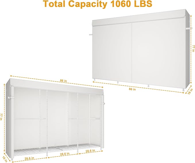 E14C Max Heavy Duty Closet Organizer System，Freestanding Clothing Racks for Hanging Clothes，Adjustable Garment Rack 86" W × 16" D × 77" H Hold 1060 lbs，White Rack with White Cover
