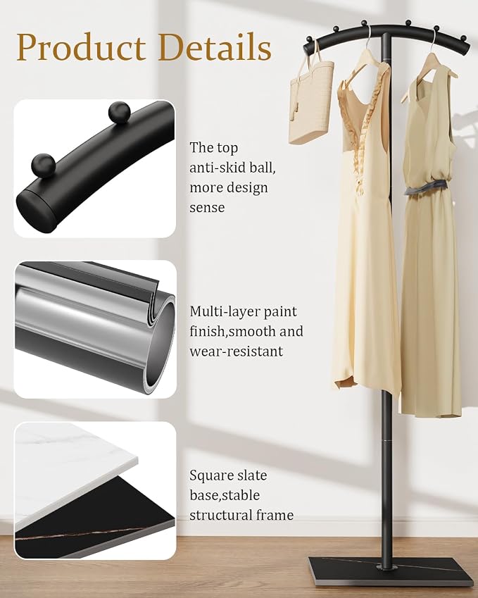 T-Shaped Metal Clothing Racks,Freestanding Coat Tree,68.9in,Black | Coat Racks with Strong Load-Bearing Capacity, Clothes Hanger Stand with Natural Rock Base, Suitable for Outerwear,Handbags
