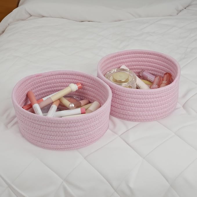 Small Woven Cotton Rope Baskets, Set of 3, Pink | Mini Round Baskets, Gift and Storage Baskets, Nursery Organizer, Bathroom Countertop Bins, Decorative Boho Decor