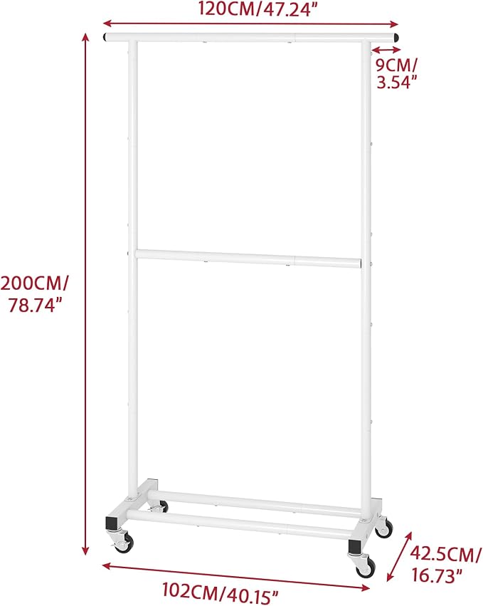 Sywhitta Double Rod Metal Clothing Garment Rack on Wheels, White | Rolling Clothes Organizer, for Hanging Clothes,Coats,Easy to Assemble,Space-Saving,Mobile Organizer for Closet