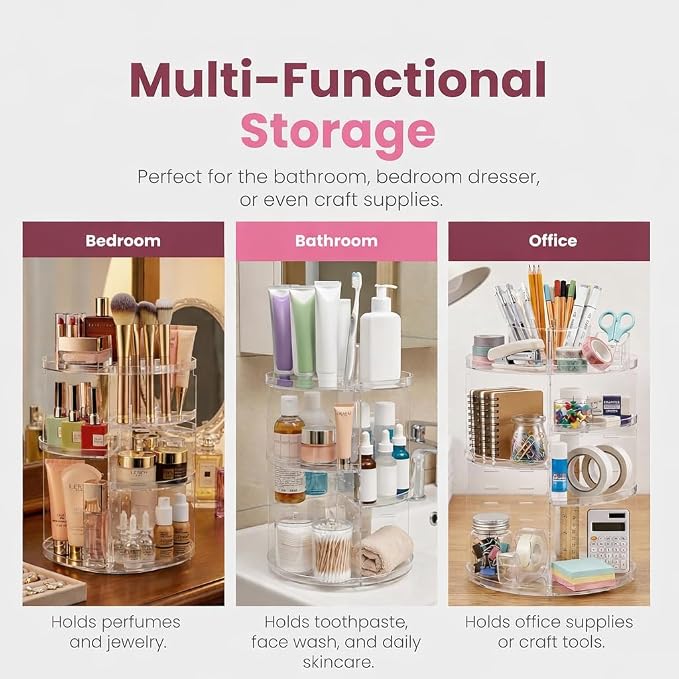 Masirs 360 Rotating Makeup Organizer Countertop, Adjustable Shelf, Clear | 360-Degree Rotating Makeup Organizer, Adjustable Shelf Height, Cosmetic Perfume Skincare Storage, Vanity Countertop, Clear