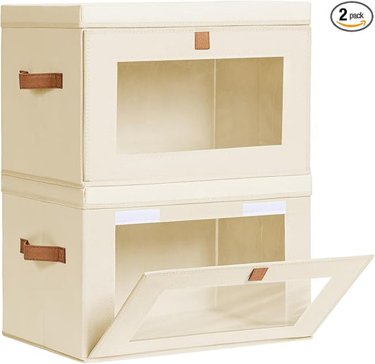 Homsorout Large Closet Storage Organizer - Clothes Storage Bins with Handles & Window, Collapsible Decorative Boxes with Lids, Fabric Containers for Living Room, Dorm, 2 Pack, Beige