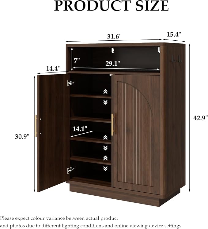Fluted Shoe Storage Cabinet with 2 Arch Doors, 43" Tall Wood Cabinet | 6-Tier Large Shoe Rack w/Adjustable Shelves, Mid Century Modern Hidden Shoes Organizer for Hallway, Entryway, Fits Size 13