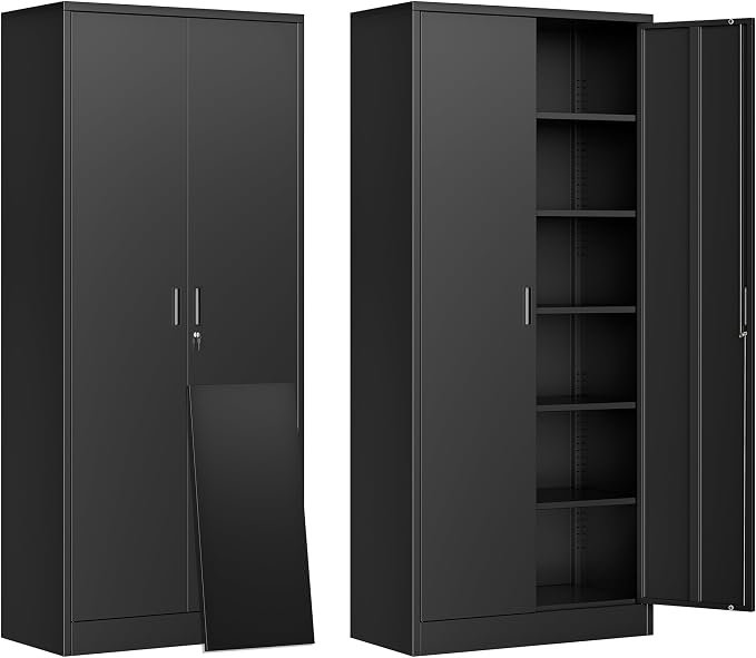 CJF 71" H Metal Storage Cabinet, Locking Cabinet with 2 Doors and 5 Adjustable Shelves, Black Tall Cabinet for Garage, Home, Office, Pantry, Workshop, School