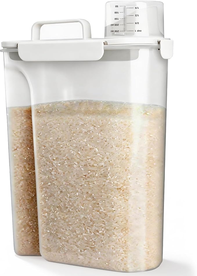Viretec Rice Storage Container, 15 to 20lb Dry Food Airtight Dispenser, Pet Dog Cat Food Canister, BPA Free Clear Plastic Kitchen and Pantry Organization Bin for Oatmeal, Cereal, Pasta, Flour White