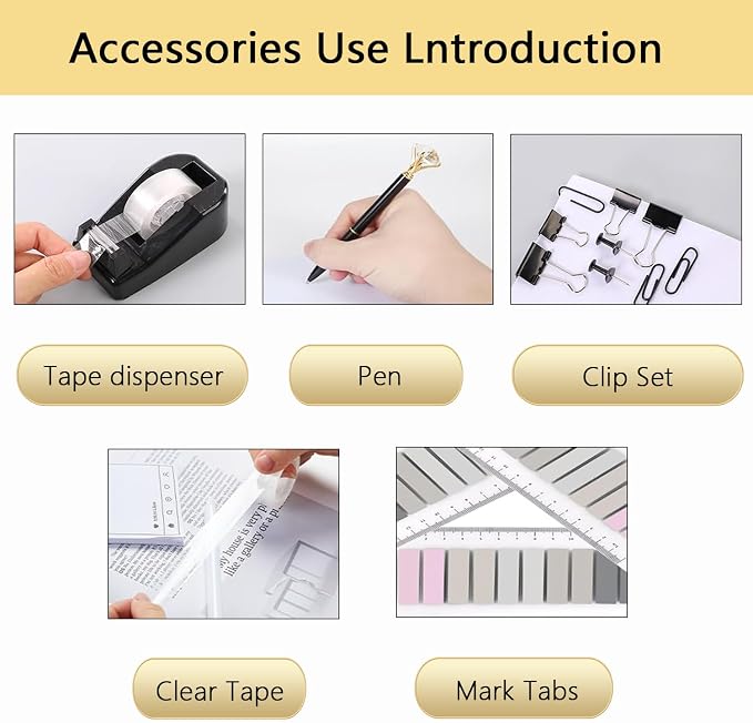 Office Supplies,Black Desk Accessories,Office Supplies Set,Desk Organizer,Stapler,Tape Dispenser,Scissors,Staple Remover,Binder Clips,Staples,Ballpoint Pen,Index Tabs with Ruler,Clear Tape.10pcs