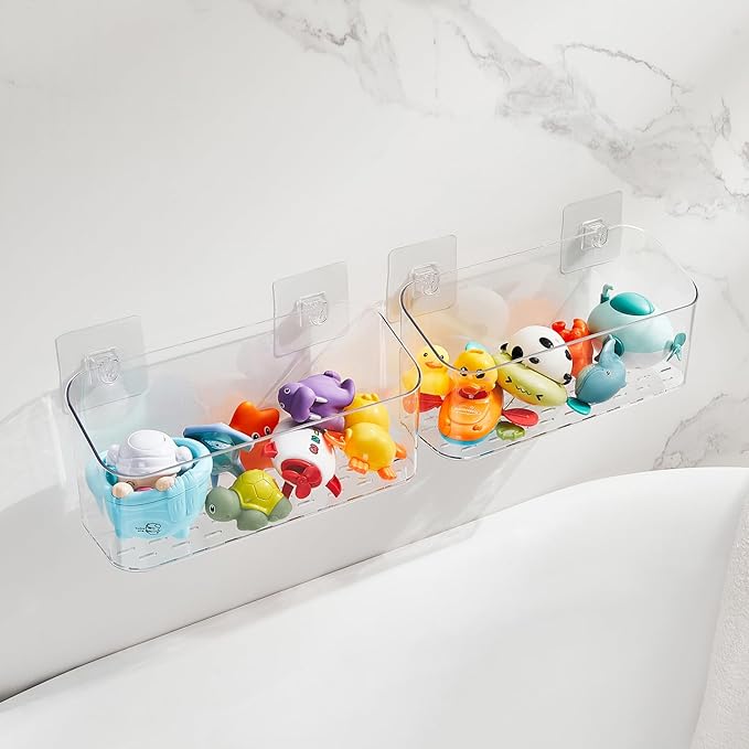 Bath Toy Storage Holder for Bathtub, Clear Bath Toy Organizer Large Capacity Bathtub Toy Storage Shower Caddy for Bathroom (2 Large) | BPA-Free Material, Quick Drainage, Adhesive Wall Mount, Clear Visibility