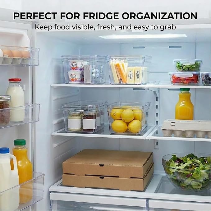 MOONEDGE 4-Pack 10x6x5 Stackable Small Clear Storage Bins with Lids | Plastic small item organizer containers with handles for vanity, craft, office, fridge, kitchen, pantry, bathroom and closet
